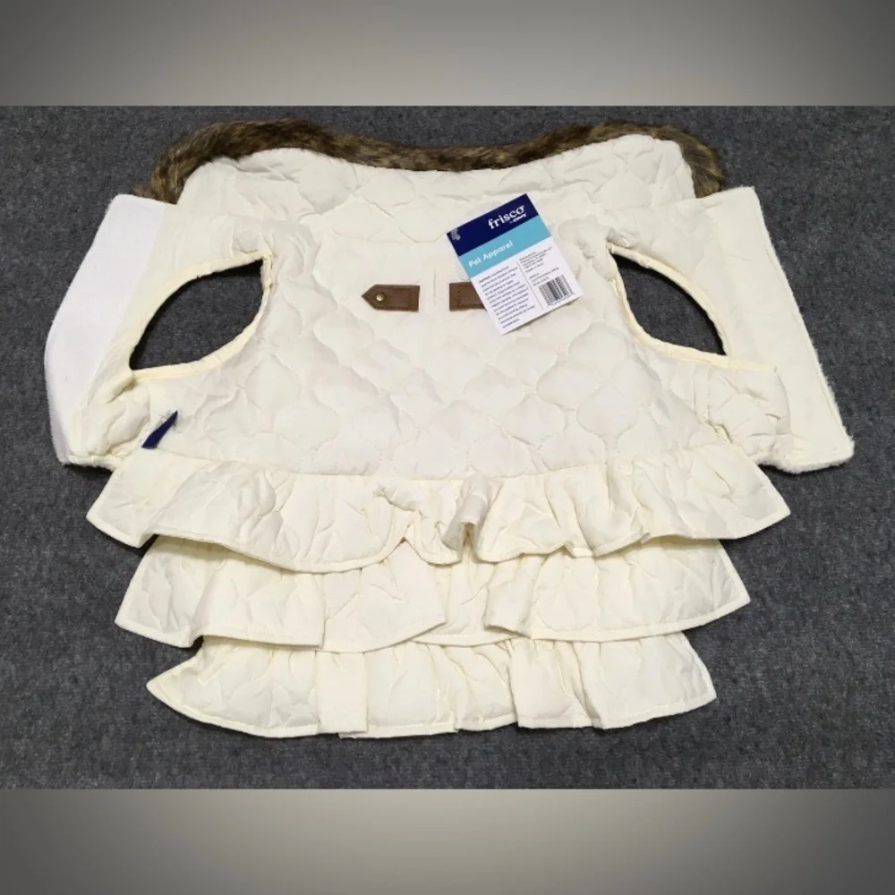 Frisco Pet Apparel M Dog / Cat Faux Fur Trim Cream Ruffle Vest Dress